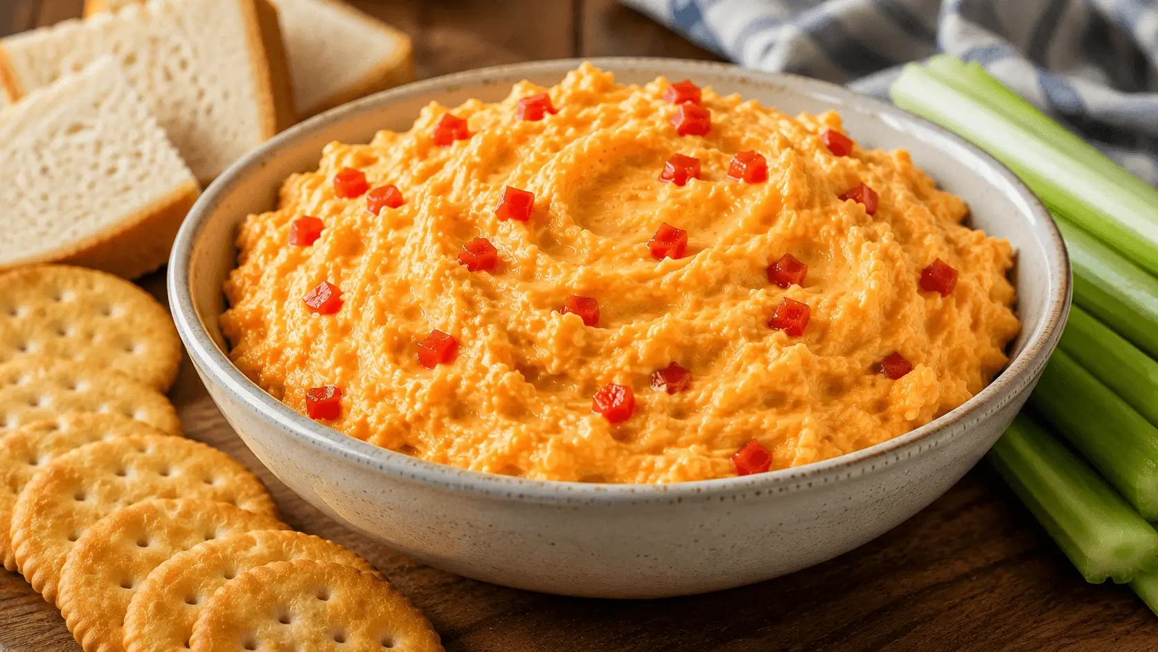 Creamy pimento cheese recipe in a ceramic bowl, topped with diced pimentos and served with crackers, bread, and celery.