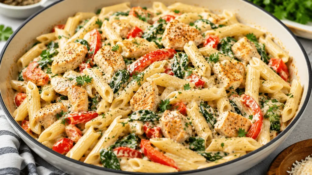 Chicken Pasta with penne, golden chicken breast, red bell peppers, spinach, creamy sauce, and fresh parsley in a skillet.