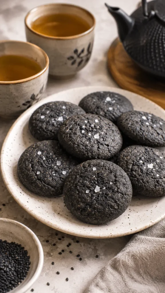 Black Sesame Cookies on a ceramic plate with toasted black sesame seeds, flaky salt, two cups of tea, and a dark teapot.