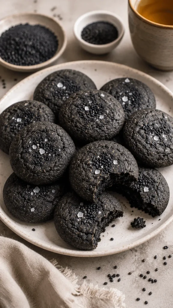 Black Sesame Cookies with cracked charcoal tops, toasted black sesame seeds, flaky salt, and one cookie broken open to show the soft center.
