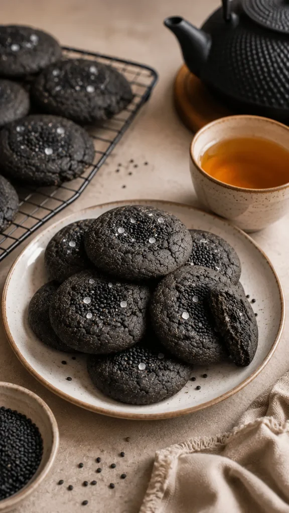 Black Sesame Cookies with cracked charcoal tops, toasted black sesame seeds, flaky salt, a broken cookie, warm tea, and cookies cooling on a rack.