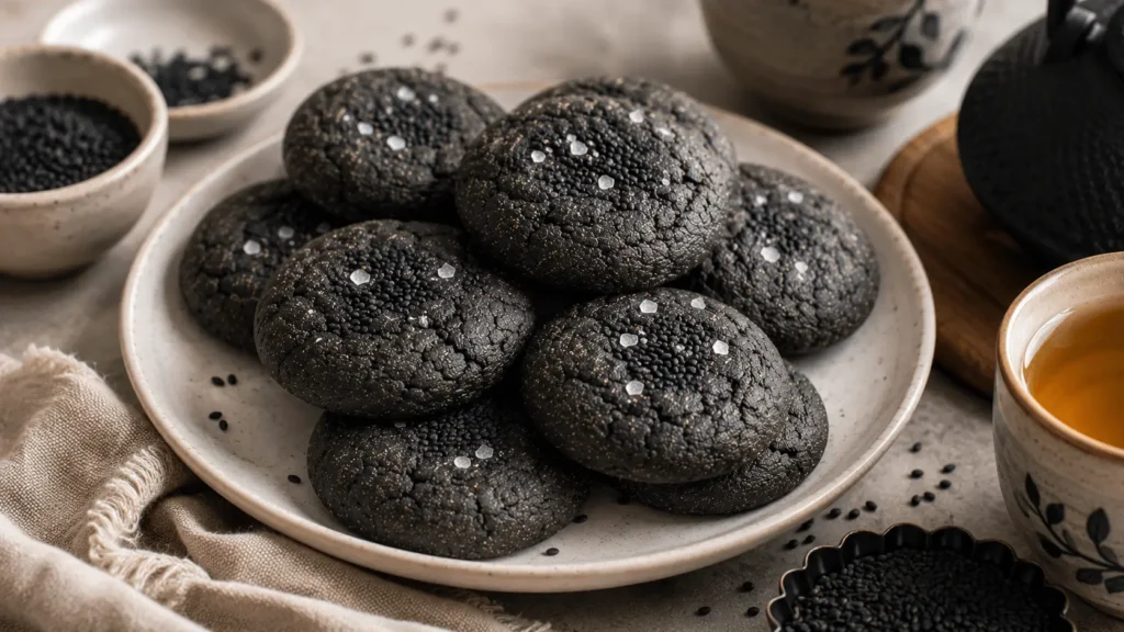 Black Sesame Cookies with cracked charcoal-gray tops, toasted black sesame seeds, flaky salt, tea, and small bowls of sesame seeds.