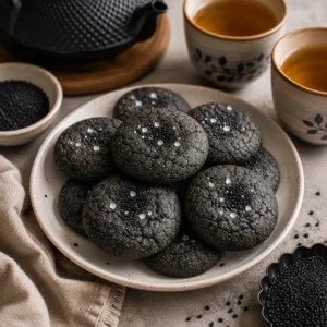 Black Sesame Cookies arranged on a ceramic plate with toasted black sesame seeds, flaky salt, tea cups, and a dark teapot.
