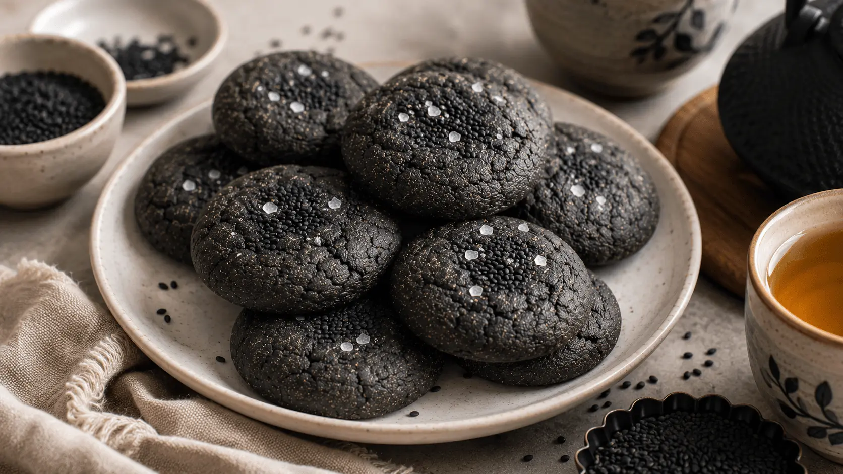 Black Sesame Cookies with cracked charcoal-gray tops, toasted black sesame seeds, flaky salt, tea, and small bowls of sesame seeds.