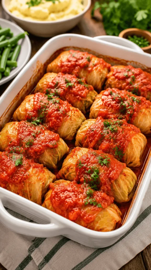 Cabbage rolls recipe with baked stuffed cabbage rolls covered in tomato sauce and garnished with chopped parsley.