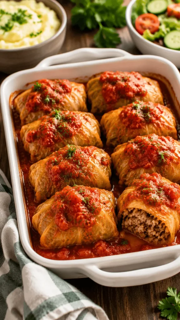Cabbage rolls recipe with stuffed cabbage rolls baked in tomato sauce, including one cut open to show the ground beef and rice filling.