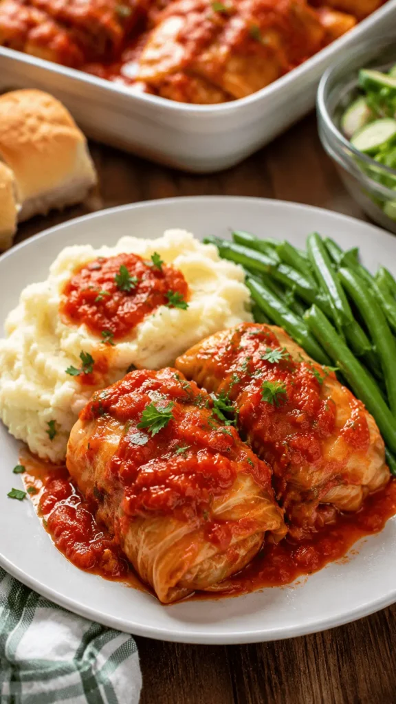 Cabbage rolls recipe with two stuffed cabbage rolls covered in tomato sauce, served with mashed potatoes and green beans.