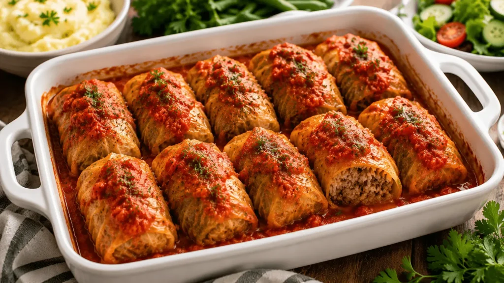Cabbage rolls recipe with tender stuffed cabbage rolls baked in tomato sauce, topped with parsley, and filled with ground beef and rice.