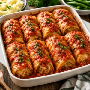 Cabbage rolls recipe with baked stuffed cabbage rolls covered in tomato sauce and garnished with chopped parsley.