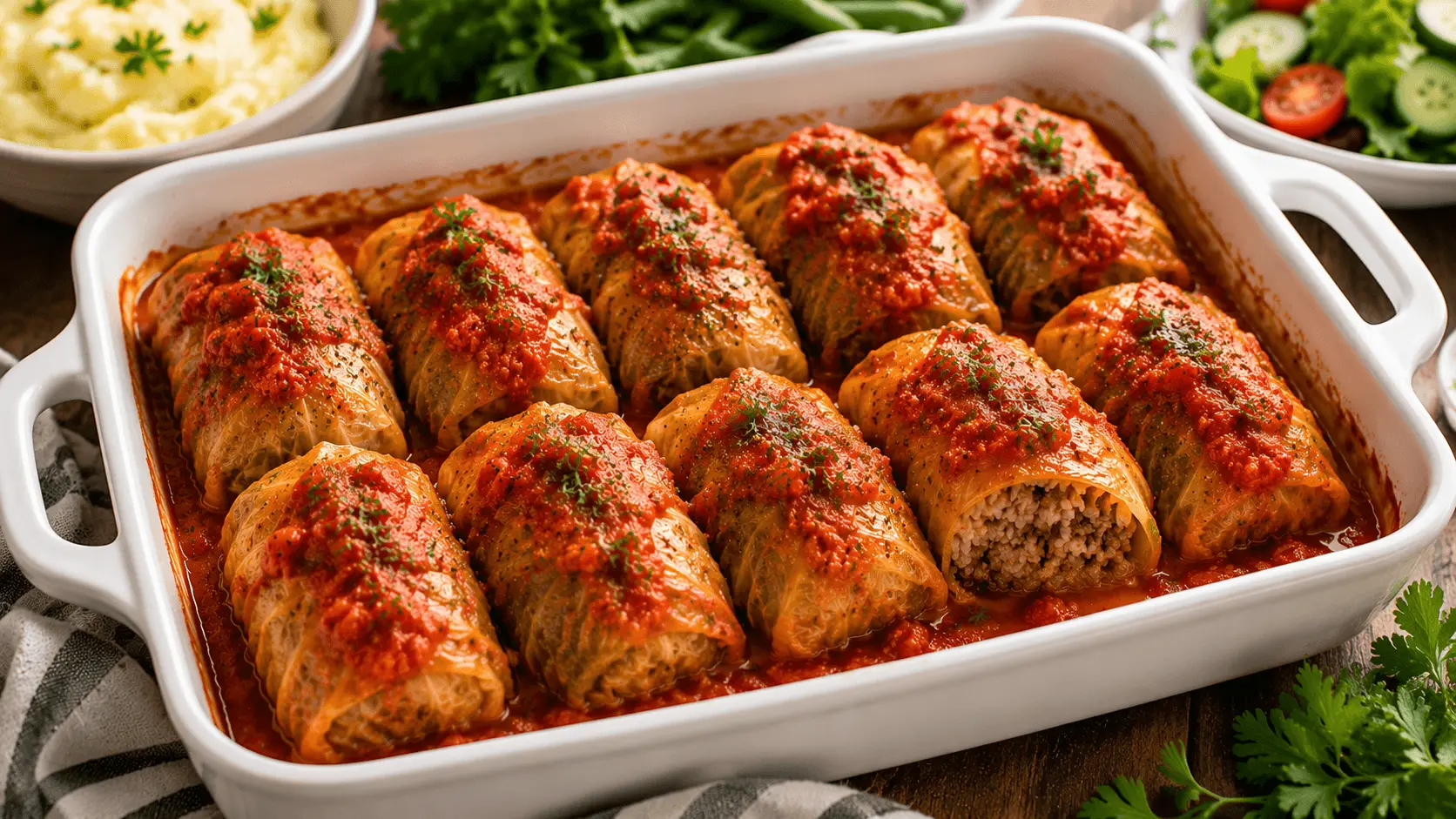 Cabbage rolls recipe with tender stuffed cabbage rolls baked in tomato sauce, topped with parsley, and filled with ground beef and rice.