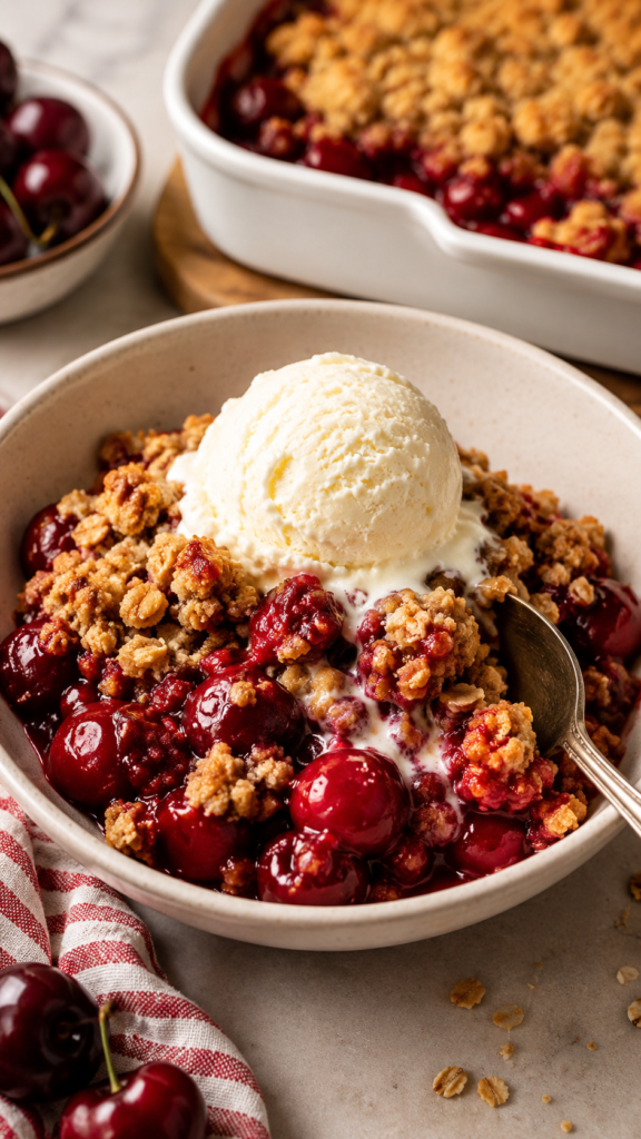 Cherry Crisp served warm in a bowl with juicy cherries, golden oat topping, and melting vanilla ice cream.
