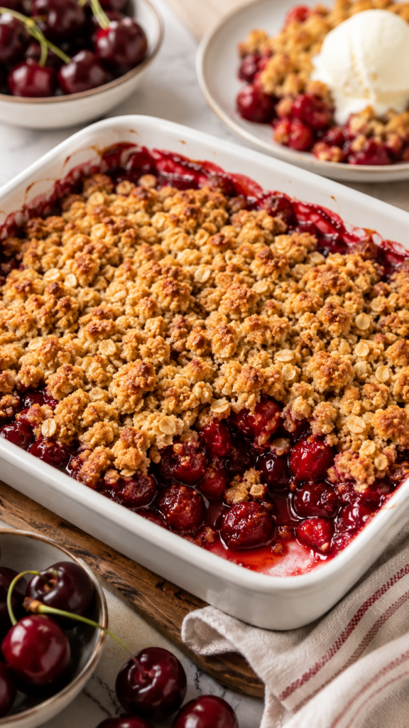 Cherry Crisp in a white baking dish with golden oat topping, bubbling cherry filling, and a serving with vanilla ice cream in the background.