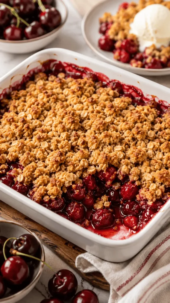 Cherry Crisp in a white baking dish with golden oat topping, bubbling cherry filling, and a serving with vanilla ice cream in the background.
