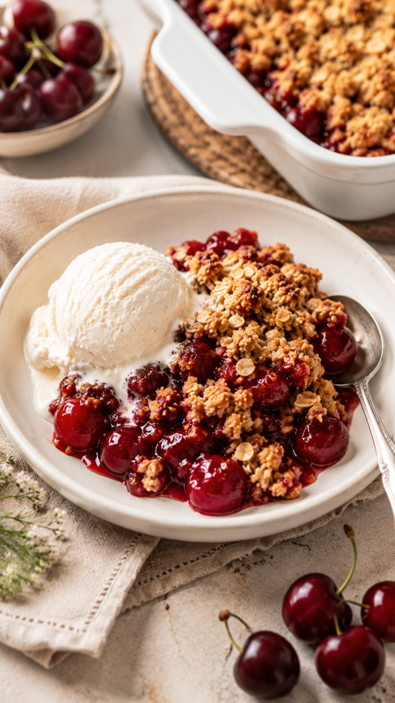 Cherry Crisp served on a plate with melting vanilla ice cream, glossy cherries, and golden oat crumble.