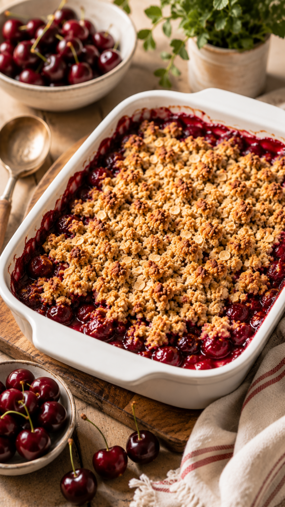 Cherry Crisp baked in a white ceramic dish with golden oat crumble, bubbling cherry filling, and fresh cherries around it.