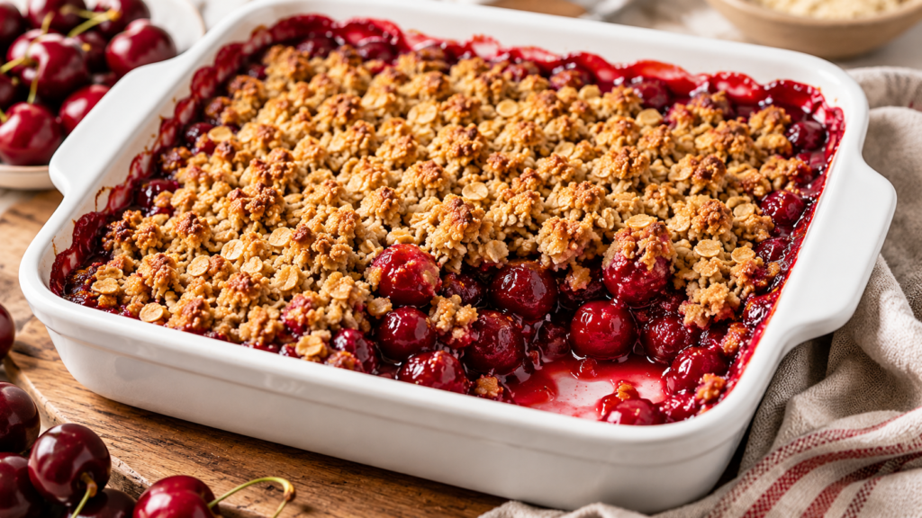 Cherry Crisp in a white baking dish with juicy cherries bubbling under a golden oat topping.