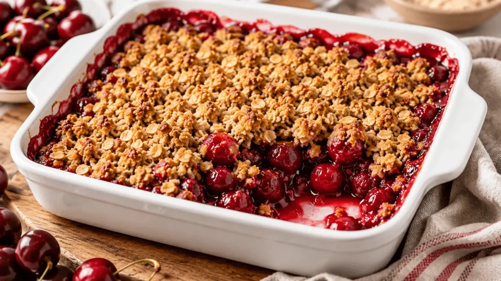 Cherry Crisp in a white baking dish with juicy cherries bubbling under a golden oat topping.