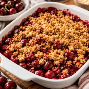 Cherry Crisp baked in a white dish with glossy cherry filling and a golden oat crumble topping.