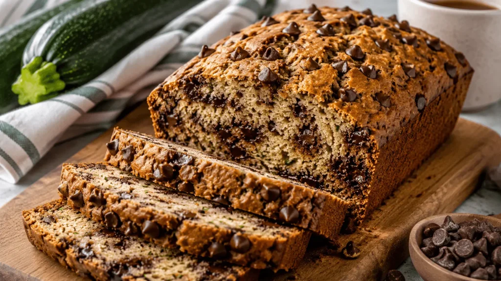 Chocolate Chip Zucchini Bread sliced on a wooden board, showing a moist crumb, green zucchini flecks, and melted chocolate chips throughout.