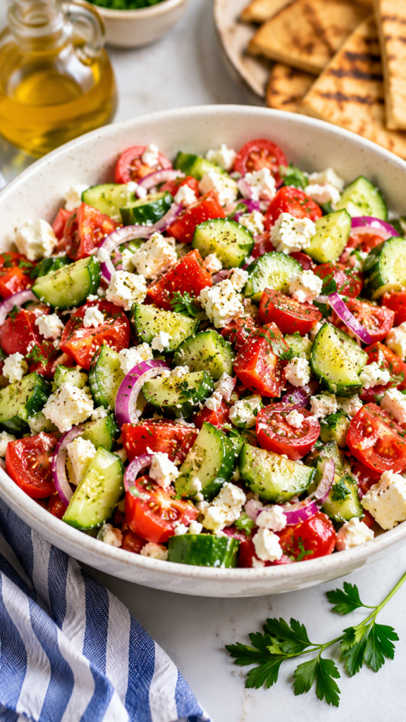 Cucumber Tomato Feta Salad in a white bowl with cucumbers, tomatoes, red onion, crumbled feta, herbs, olive oil, parsley, and flatbread.