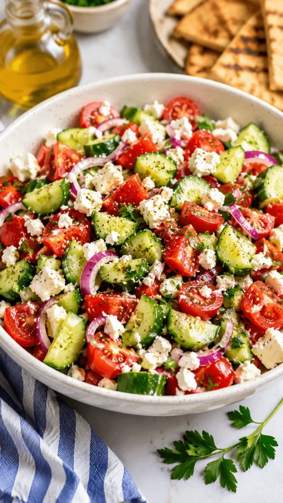 Cucumber Tomato Feta Salad in a white bowl with cucumbers, tomatoes, red onion, crumbled feta, herbs, olive oil, parsley, and flatbread.