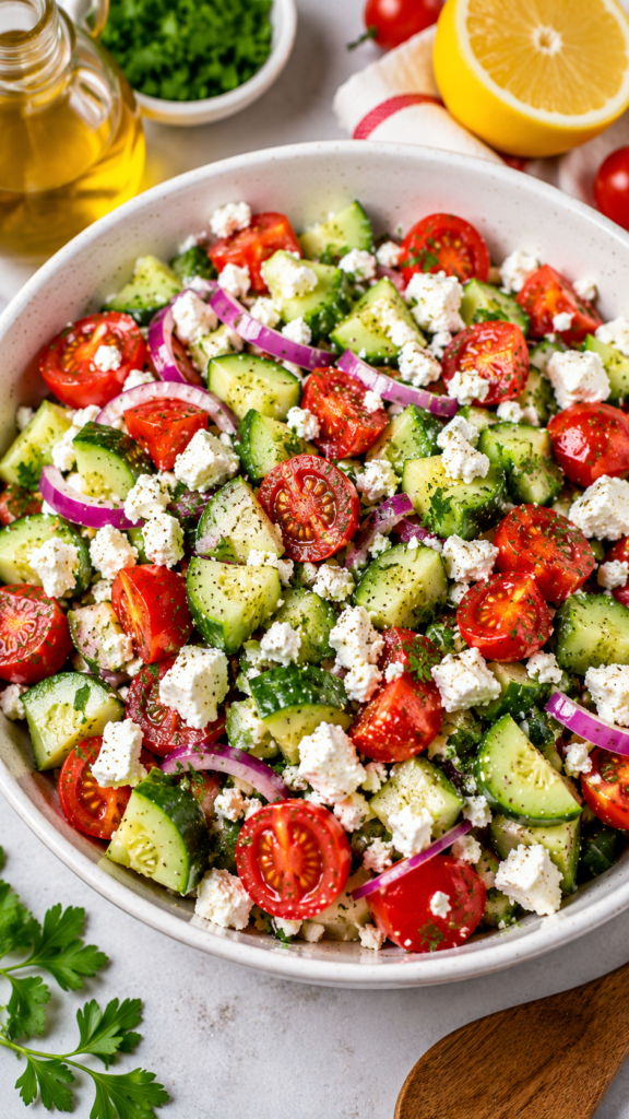 Cucumber Tomato Feta Salad in a white bowl with cucumbers, cherry tomatoes, red onion, crumbled feta, herbs, lemon, olive oil, and a wooden spoon.