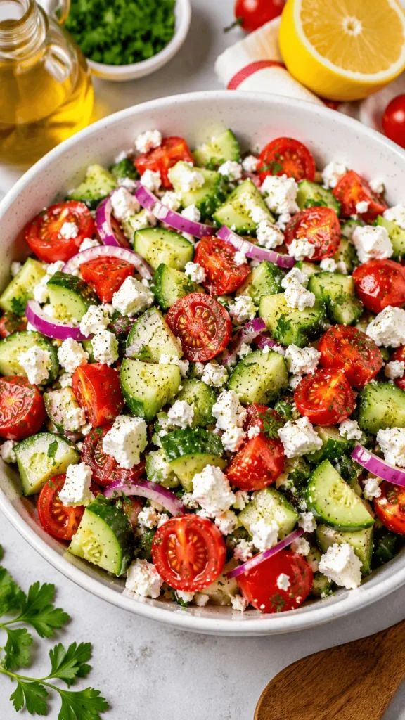 Cucumber Tomato Feta Salad in a white bowl with cucumbers, cherry tomatoes, red onion, crumbled feta, herbs, lemon, olive oil, and a wooden spoon.