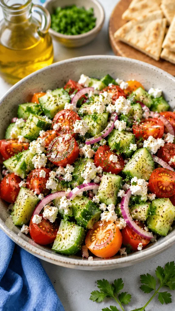 Cucumber Tomato Feta Salad served in a speckled bowl with cucumbers, red and orange tomatoes, red onion, crumbled feta, herbs, olive oil, and flatbread.
