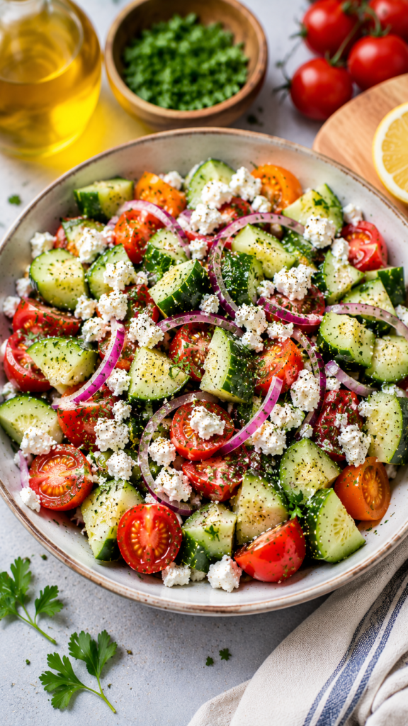 Cucumber Tomato Feta Salad in a rustic bowl with cucumber chunks, red and orange tomatoes, red onion, crumbled feta, herbs, lemon, and olive oil.