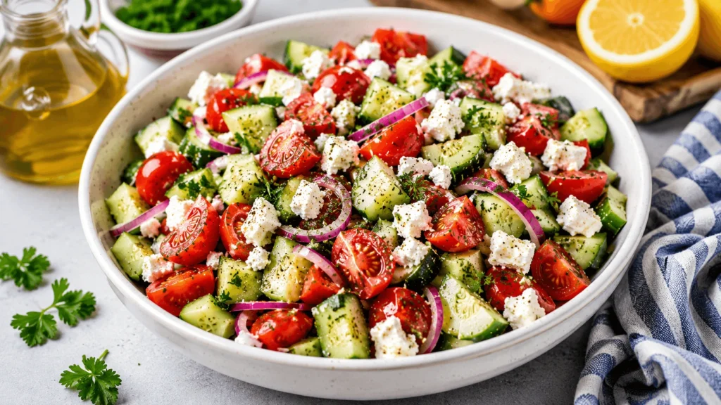 Cucumber Tomato Feta Salad in a white bowl with cucumbers, tomatoes, red onion, crumbled feta, herbs, lemon, and olive oil.