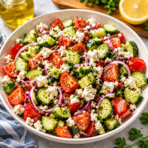 Cucumber Tomato Feta Salad in a speckled bowl with diced cucumber, juicy tomatoes, red onion, crumbled feta, herbs, lemon, and olive oil.