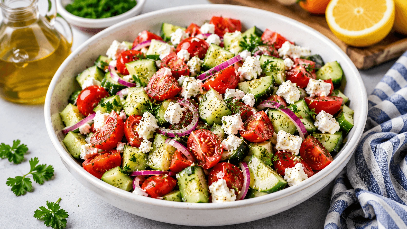 Cucumber Tomato Feta Salad in a white bowl with cucumbers, tomatoes, red onion, crumbled feta, herbs, lemon, and olive oil.