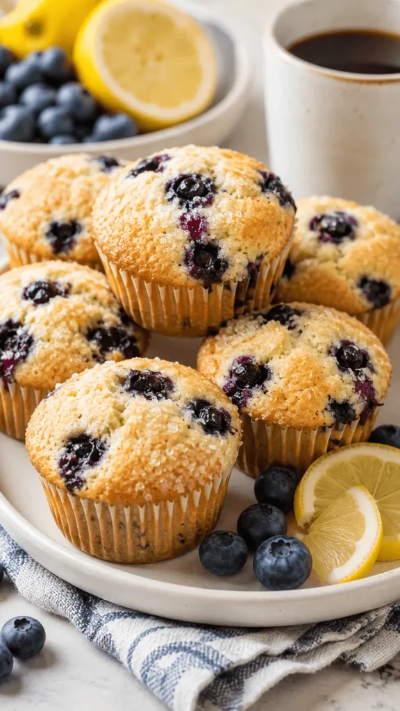 Lemon Blueberry Muffins with golden domed tops, juicy blueberries, coarse sugar, fresh lemon slices, and a cup of coffee.