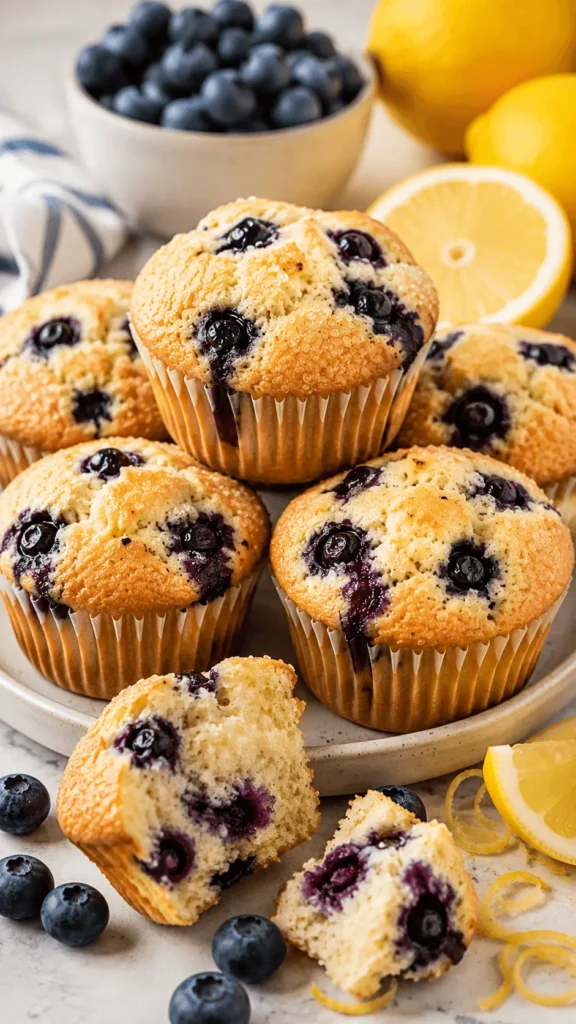 Lemon Blueberry Muffins with golden domed tops, juicy blueberry pockets, coarse sugar, fresh lemons, and one muffin split open to show the moist crumb.