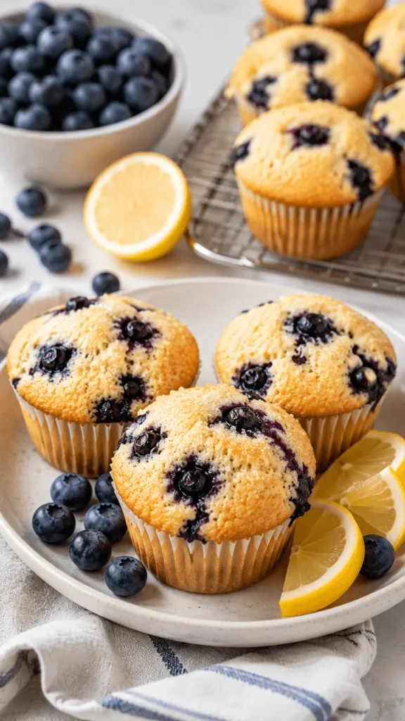 Lemon Blueberry Muffins with golden domed tops, juicy blueberries, coarse sugar, fresh lemon slices, and extra muffins cooling on a wire rack.
