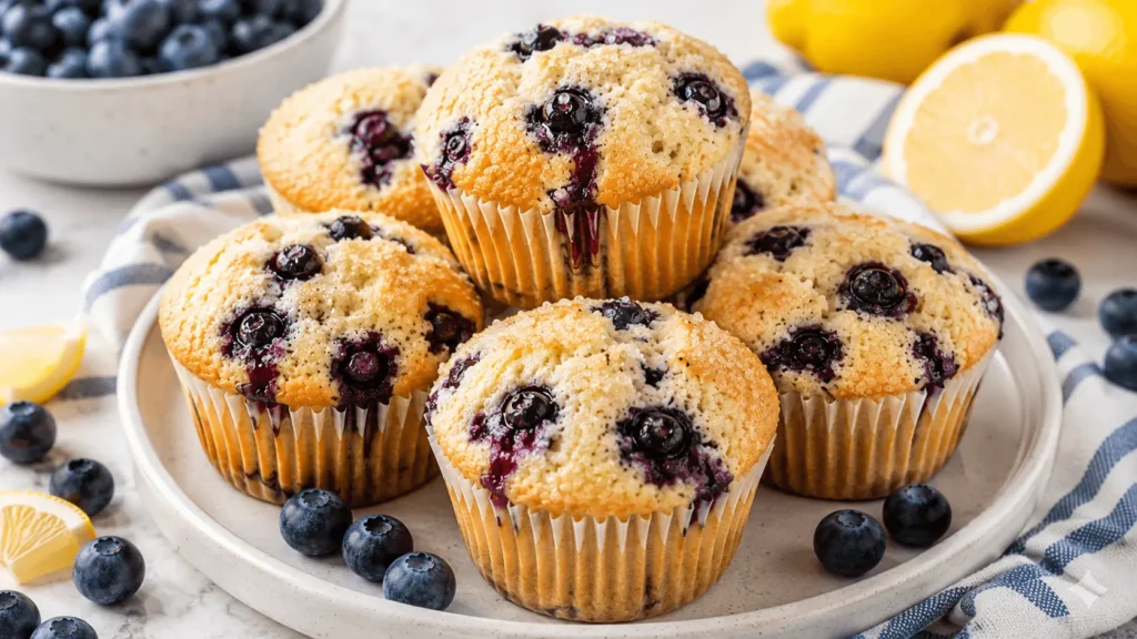 Lemon Blueberry Muffins with golden bakery-style tops, juicy blueberries, fresh lemons, and scattered berries on a ceramic plate.