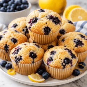 Lemon Blueberry Muffins with tall golden tops, juicy blueberries, coarse sugar, fresh lemons, and scattered berries on a ceramic plate.