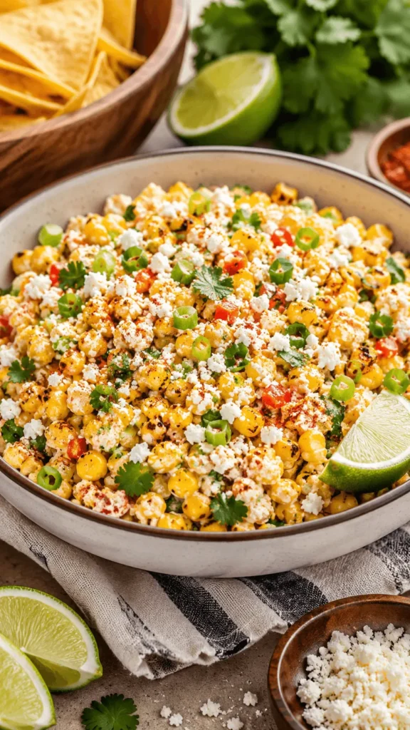 Mexican Street Corn Salad with charred corn, creamy lime dressing, cotija cheese, cilantro, green onions, red bell pepper, and lime wedges.