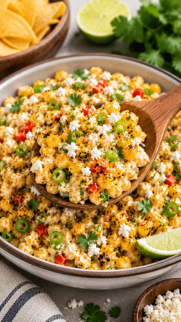 Mexican Street Corn Salad lifted on a wooden spoon with charred corn, creamy lime dressing, cotija cheese, cilantro, green onions, red bell pepper, and lime.