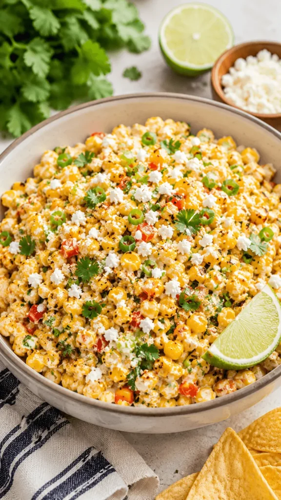 Mexican Street Corn Salad with charred corn, creamy lime dressing, cotija cheese, cilantro, green onions, red bell pepper, and lime.