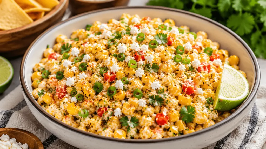 Mexican Street Corn Salad with charred corn, creamy lime dressing, cotija cheese, cilantro, green onions, red bell pepper, and lime.
