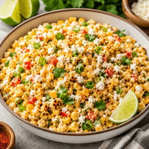 Mexican Street Corn Salad with charred corn, creamy lime dressing, cotija cheese, cilantro, green onions, red bell pepper, and lime wedges.