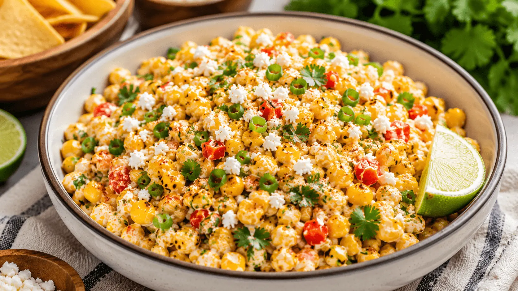 Mexican Street Corn Salad with charred corn, creamy lime dressing, cotija cheese, cilantro, green onions, red bell pepper, and lime.