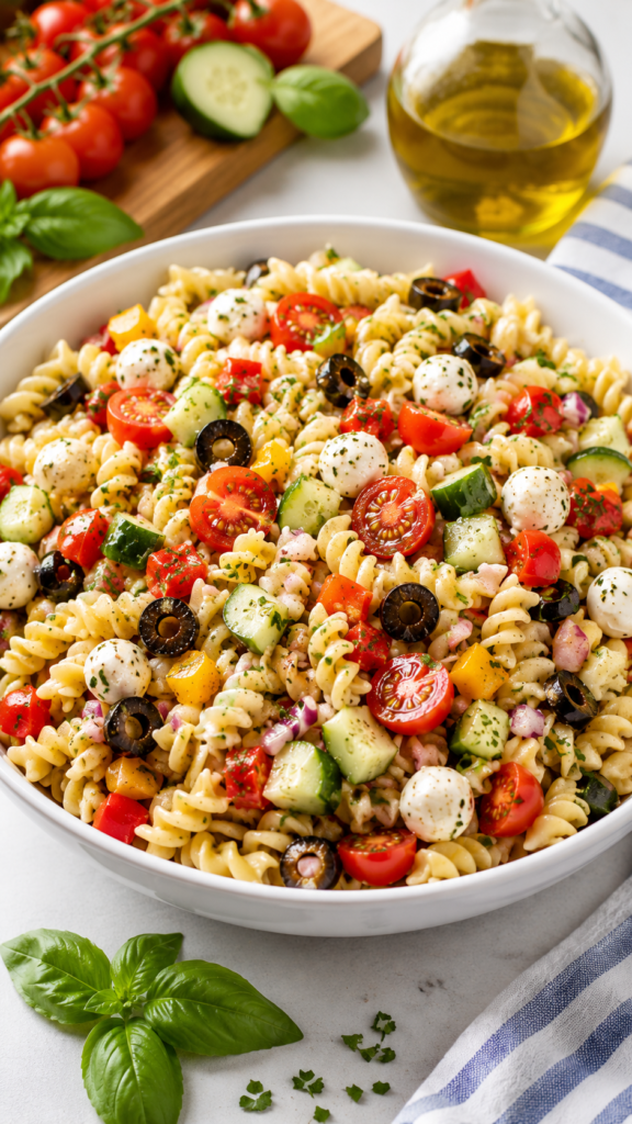 Pasta Salad with rotini, cherry tomatoes, cucumber, bell peppers, black olives, mozzarella pearls, fresh herbs, and Italian dressing in a white bowl