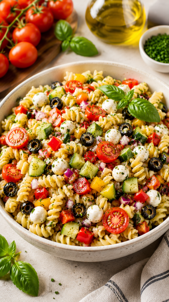 Pasta Salad with rotini, cherry tomatoes, cucumber, bell peppers, black olives, mozzarella pearls, basil, parsley, and Italian dressing in a speckled bowl