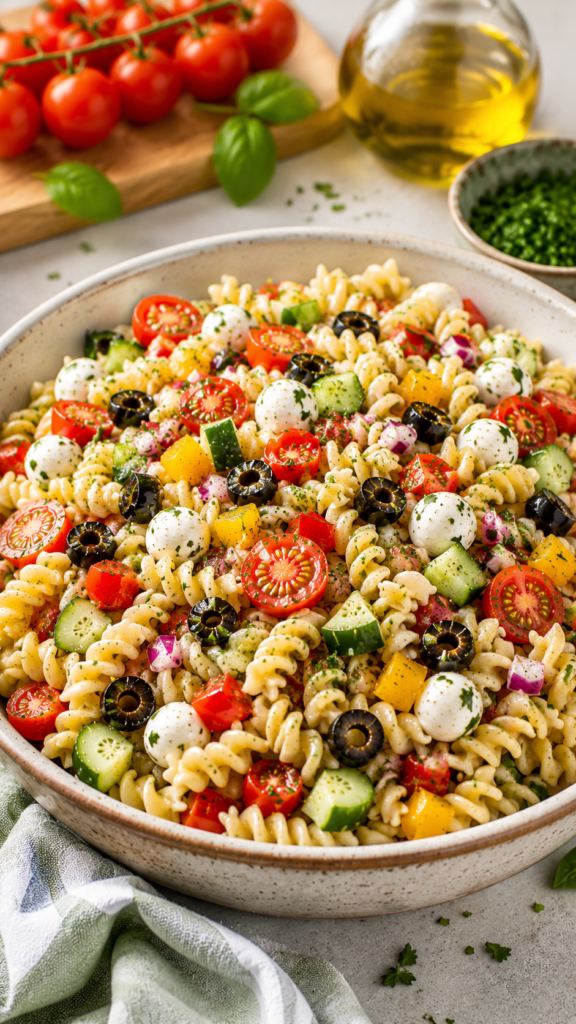 Pasta Salad with rotini, cherry tomatoes, cucumber, bell peppers, black olives, mozzarella pearls, fresh herbs, and Italian dressing in a speckled bowl