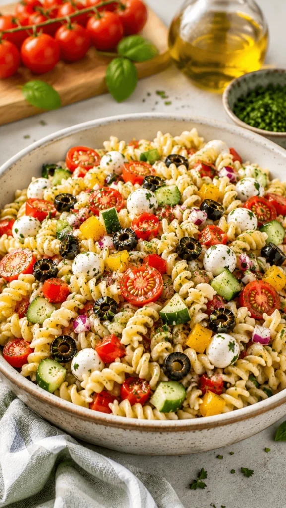 Pasta Salad with rotini, cherry tomatoes, cucumber, bell peppers, black olives, mozzarella pearls, fresh herbs, and Italian dressing in a speckled bowl