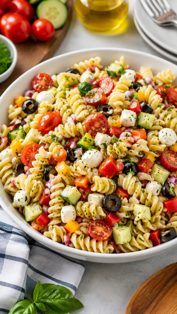 Pasta Salad with rotini, cherry tomatoes, cucumber, bell peppers, black olives, mozzarella pearls, fresh herbs, and Italian dressing in a white bowl