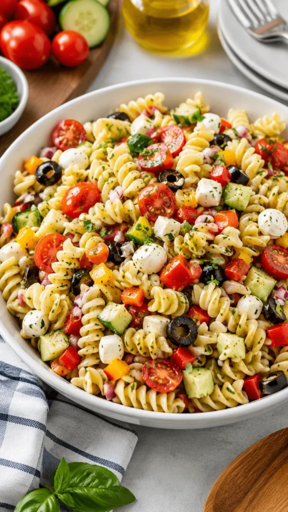 Pasta Salad with rotini, cherry tomatoes, cucumber, bell peppers, black olives, mozzarella pearls, fresh herbs, and Italian dressing in a white bowl