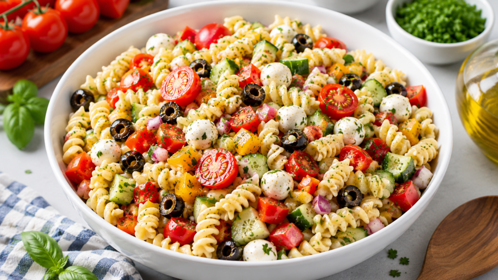 Pasta Salad with rotini, cherry tomatoes, cucumber, bell peppers, black olives, mozzarella, herbs, and Italian dressing in a white bowl
